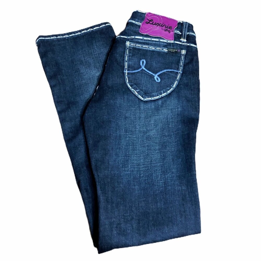 Luxirie Jeans Juniors 11 Womens Dark Blue Denim Stretch White Stitching Bootcut